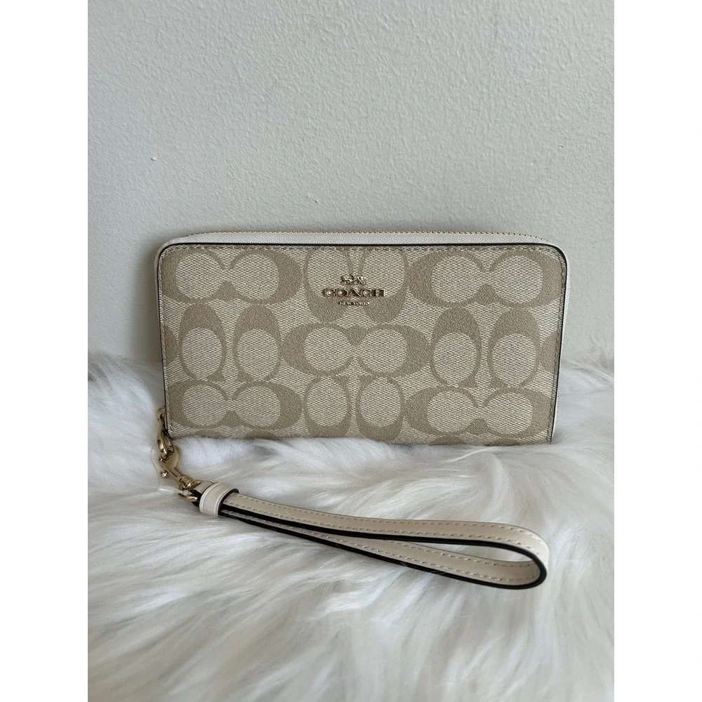 Coach Signature Long‎ Zip Around Wallet Light Khaki Chalk Canvas Leather NEW